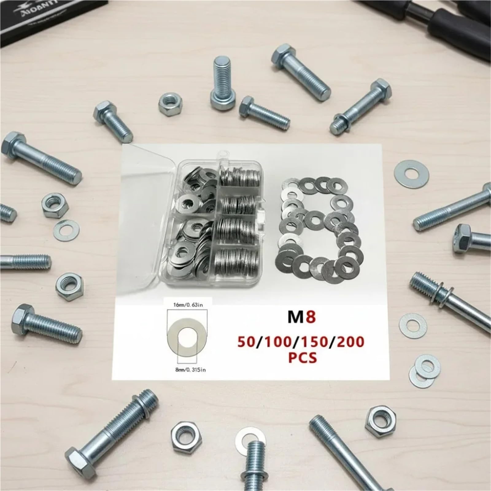 Arandela plana M8 de acero inoxidable 304, juego juntas y espaciadores metal liso for mantenimiento industrial Para tornillos, tuercas(150PCS)