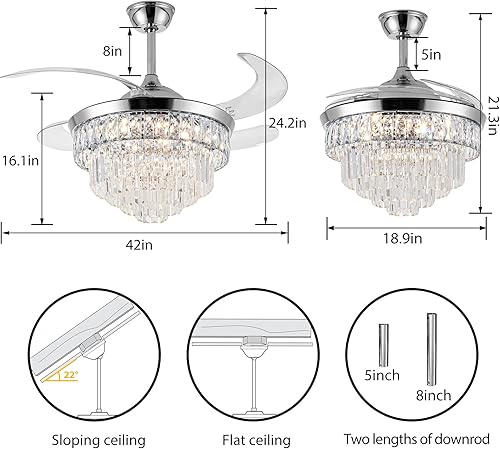 Miniatura 2 de Ventilador de techo de cristal con luz, lámpara de cristal regulable de 42 pulgadas, moderno ventilador de techo retráctil de 6 velocidades,