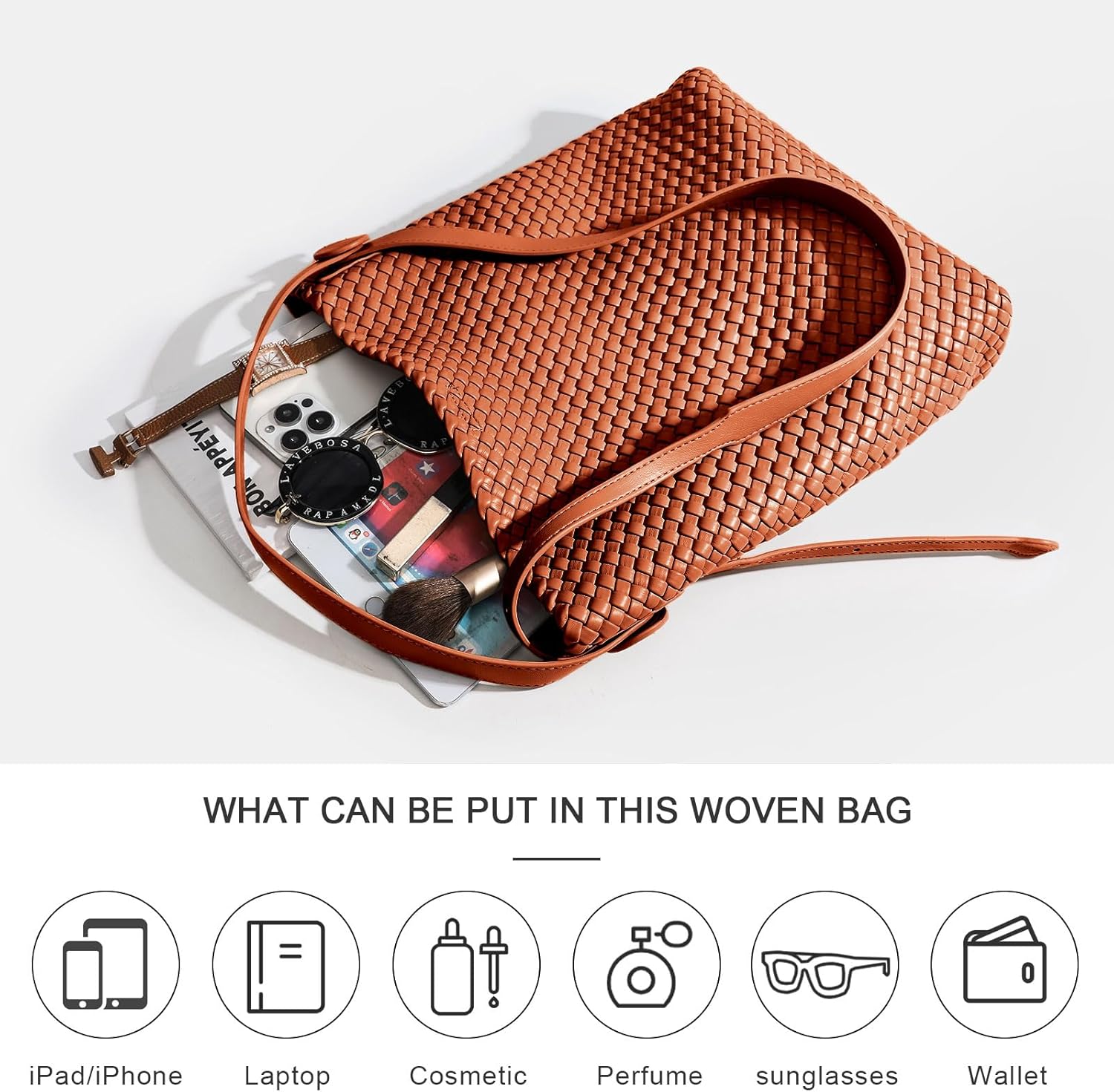 Large Woven Tote Bag Vegan Leather Shoulder Bag for Women Fashion Travel Shopper Bag Top Handle Handbag and Purse - Image 4