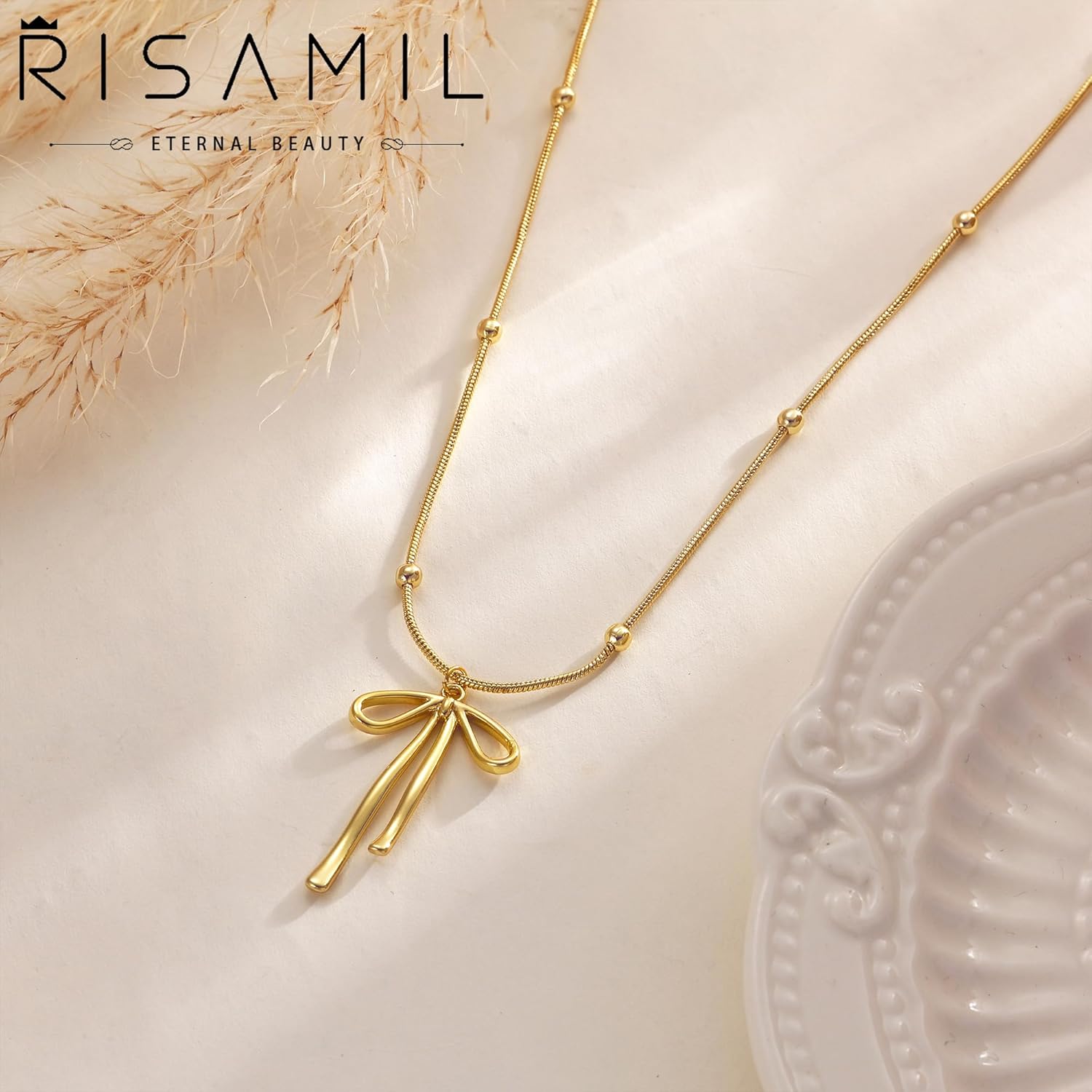 Risamil 14K Gold Plated Necklace for Women - Bow Necklace - Dainty Necklace Cute Small Tiny Bow Pendant Choker Chain Necklace Trendy Necklaces for Women Jewelry Gift - Image 4
