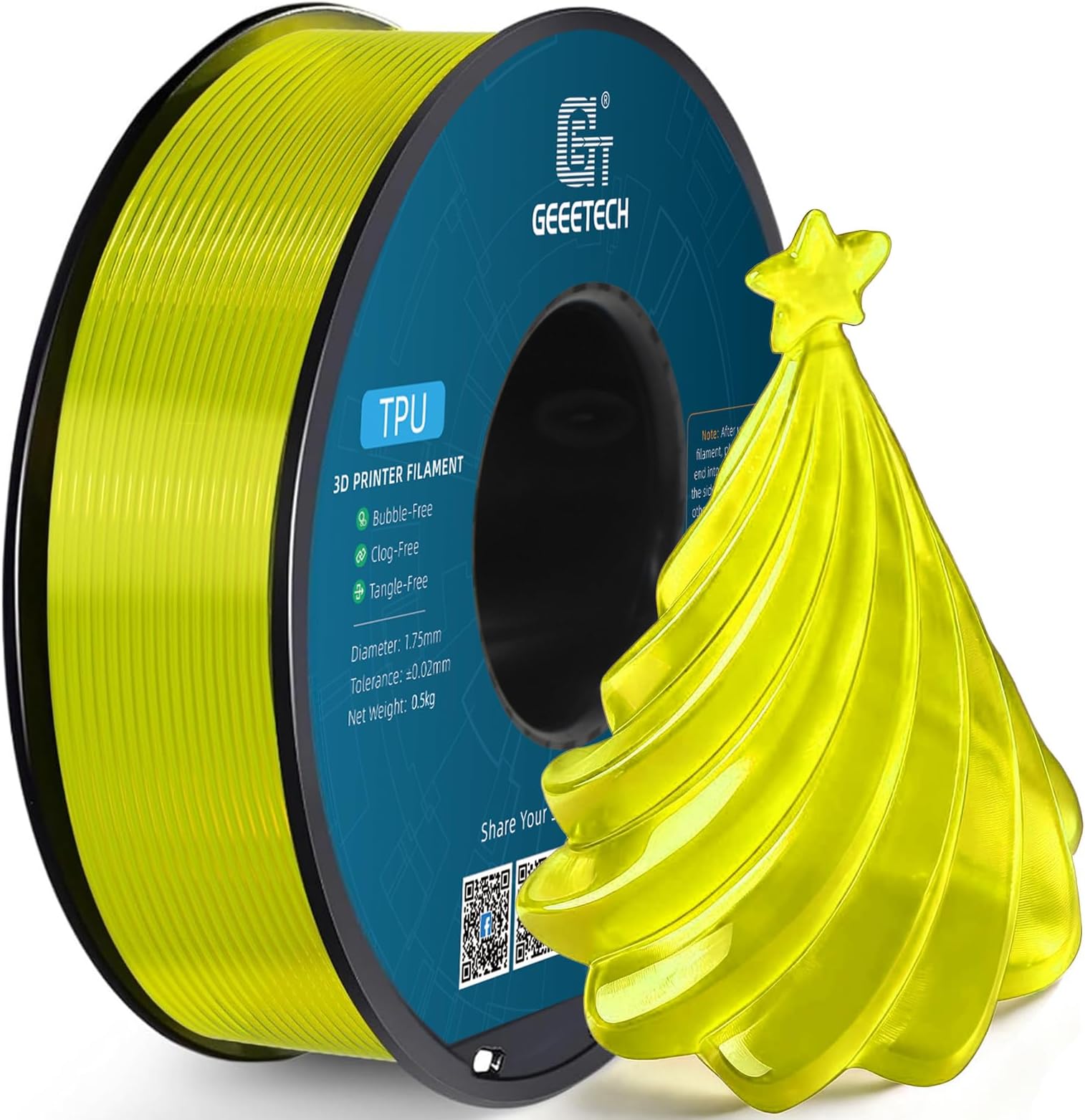 Geeetech TPU Filament 1.75mm, Shore 95A Flexible 3D Printer Filament with High Elasticity, 1KG (2.2lbs) Spool, Dimensional Accuracy ±0.03mm, Fits Most FDM Printers (Cleal Yellow)