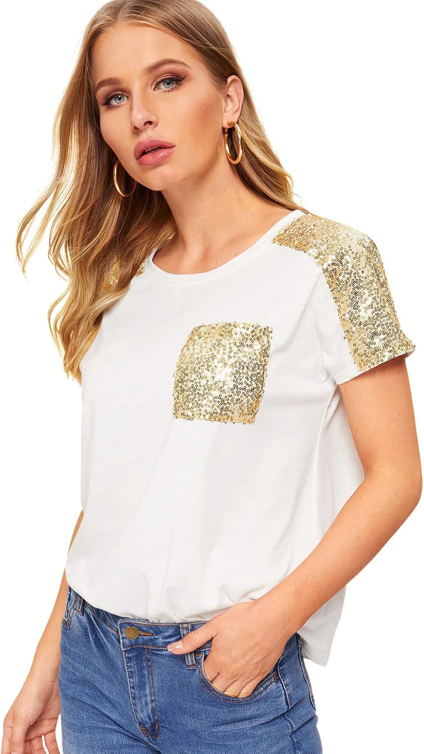 SweatyRocks Women's Casual Contrast Sequins Summer T Shirts Short Sleeve Solid Plain Tee Tops