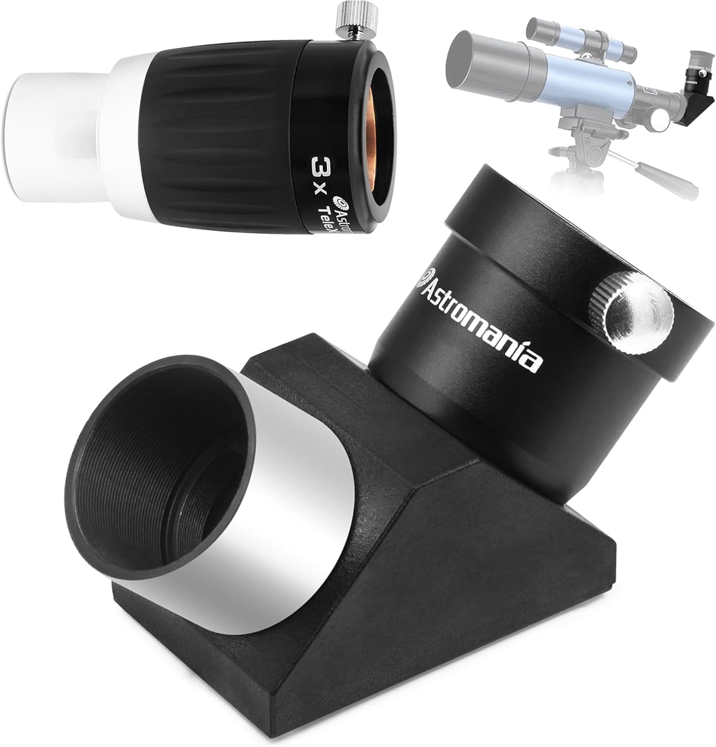Astromania Barlow Lens 3X 1.25 Inch 4-Elements Metal TeleXtender - Bundle with - 1.25" 90-Degree Erecting Prism
