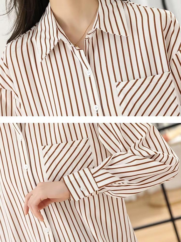 Women's Long Sleeve Spring Autumn Blouse Loose Striped Shirt with Knitted Shawl Casual Clothing Elegant Top