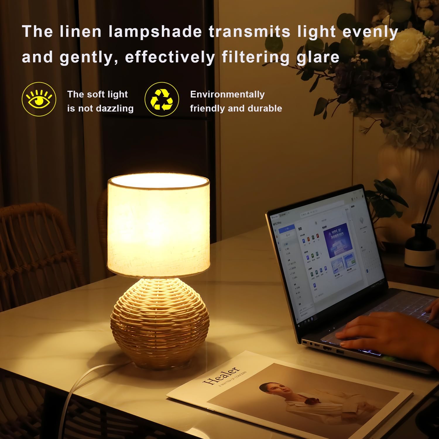 Rattan Bedside Table Lamp Set of 2, Boho Farmhouse Style with Cotton Linen Lampshade, 11.8 Inch Small Nightstand Lamp with E12 LED Warm Light Bulb, One-Button Switch for Bedroom Living Room Office