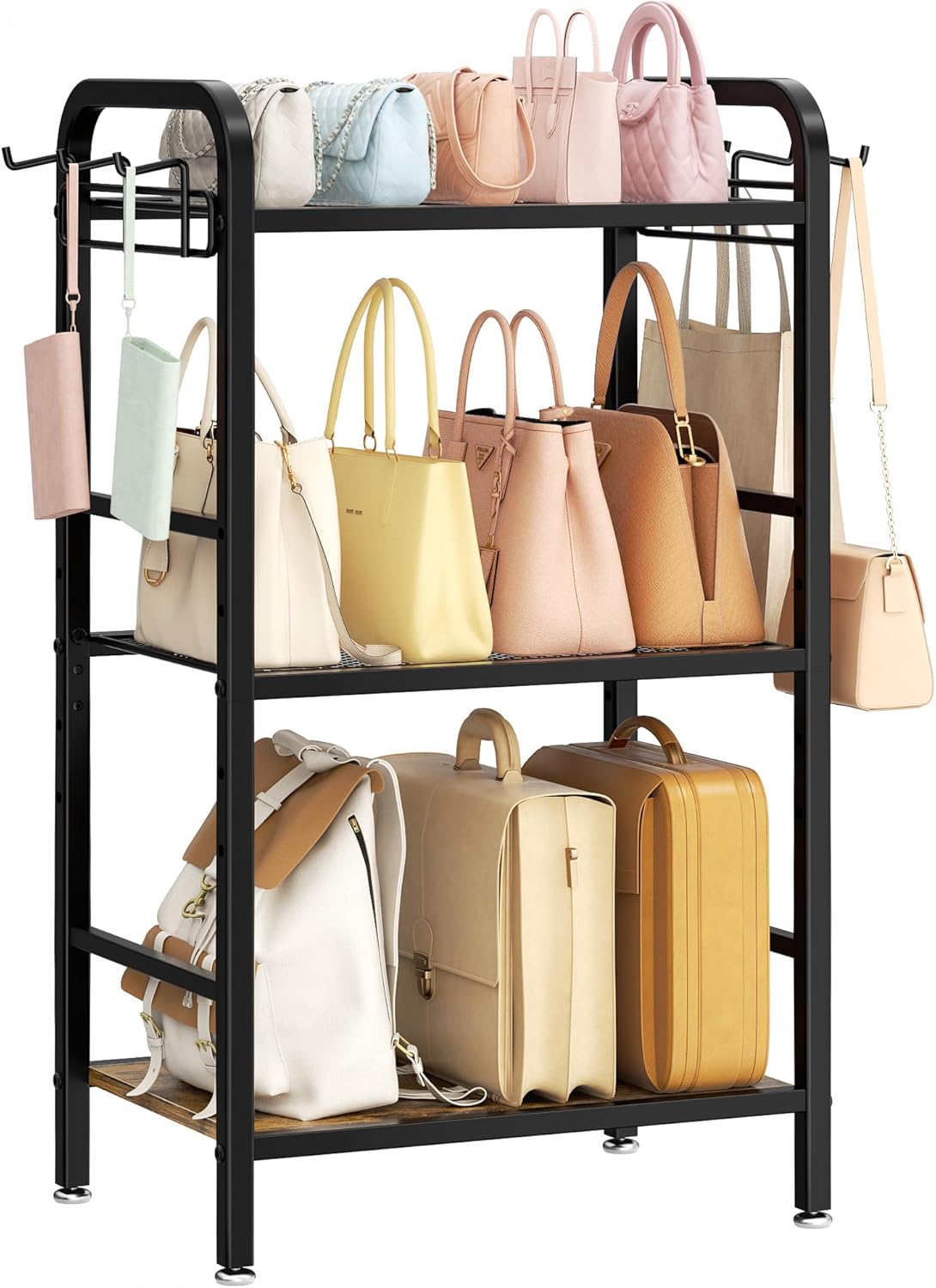 niffgaff 3-Tier Black Purse Organizer, Large-Capacity Floor-Standing Handbag Rack with Adjustable Shelves and 6 Side Hooks, Metal and Wood