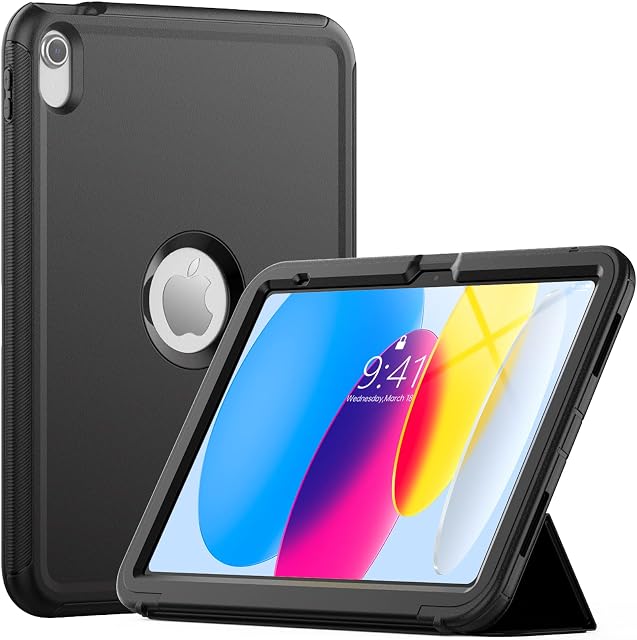 SEYMAC stock iPad 10th Generation Case 2022 10.9 Inch, Auto Sleep/Wake Shockproof Case Cover with Pencil Holder Trifold Stand & Detachable Magnetic Cover for iPad 10th Generation 10.9 Inch (Black)