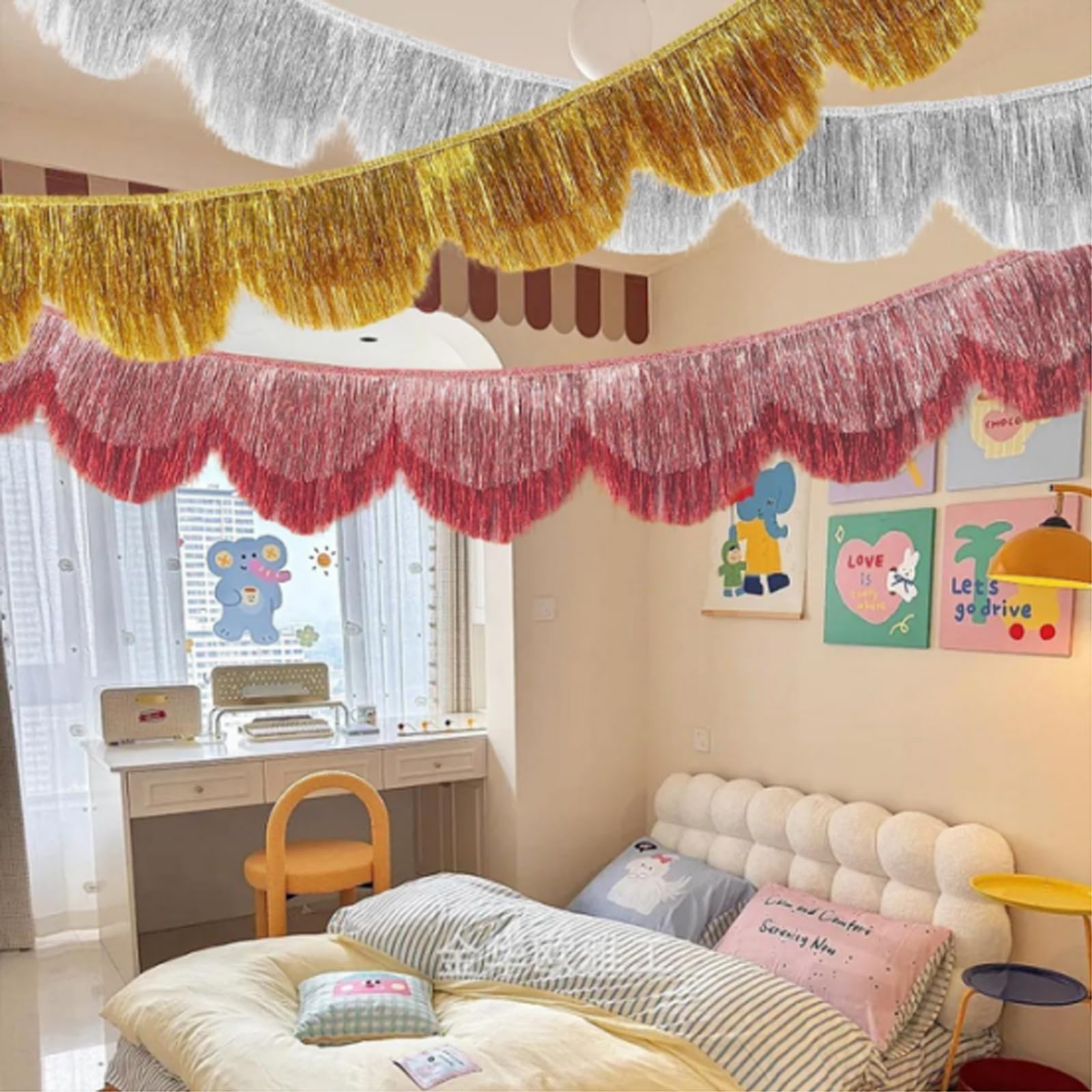 2 Stück Lametta Fransen Girlande,Doppelreihige Fringe Garland,Wellige Lamettagirlanden,Party Deko Girlanden,Fransengirlande Mit Schleife,Für Geburtstage,Mottoparty,Hochzeit(20x150cm),Silber
