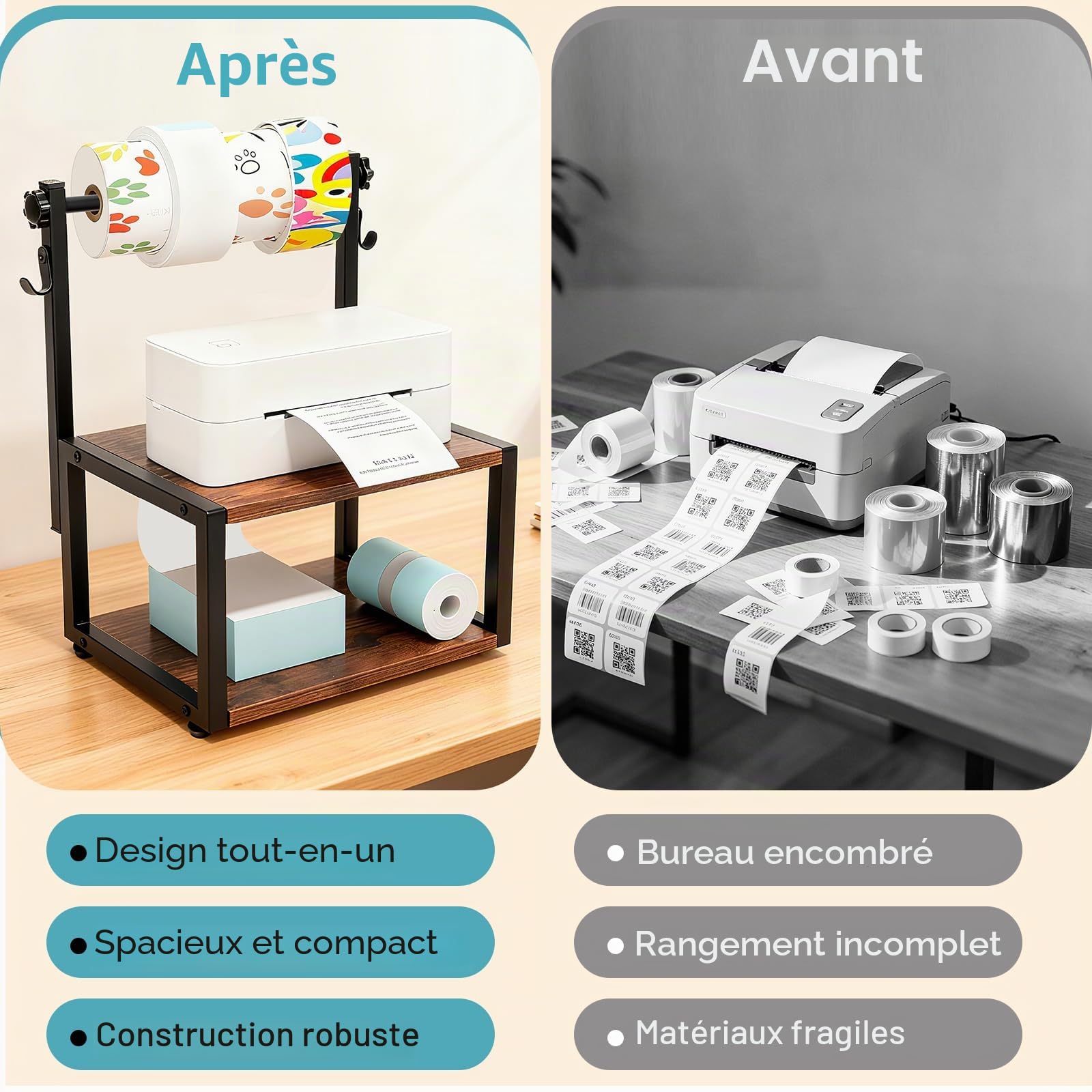 Porte-étiquettes Thermiques pour étiquettes en Rouleau et Continues, Support pour Imprimante avec Deux étagères et Crochets Intégrés, Accessoire pour Imprimante D'étiquettes de Bureau
