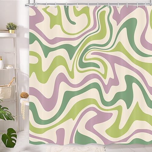 Miniatura 10 de Mtsxfy - Cortina de ducha bohemia de color verde salvia, bonita estética de los años 70, diseño abstracto de los años 70, con ganchos, 72 x 72