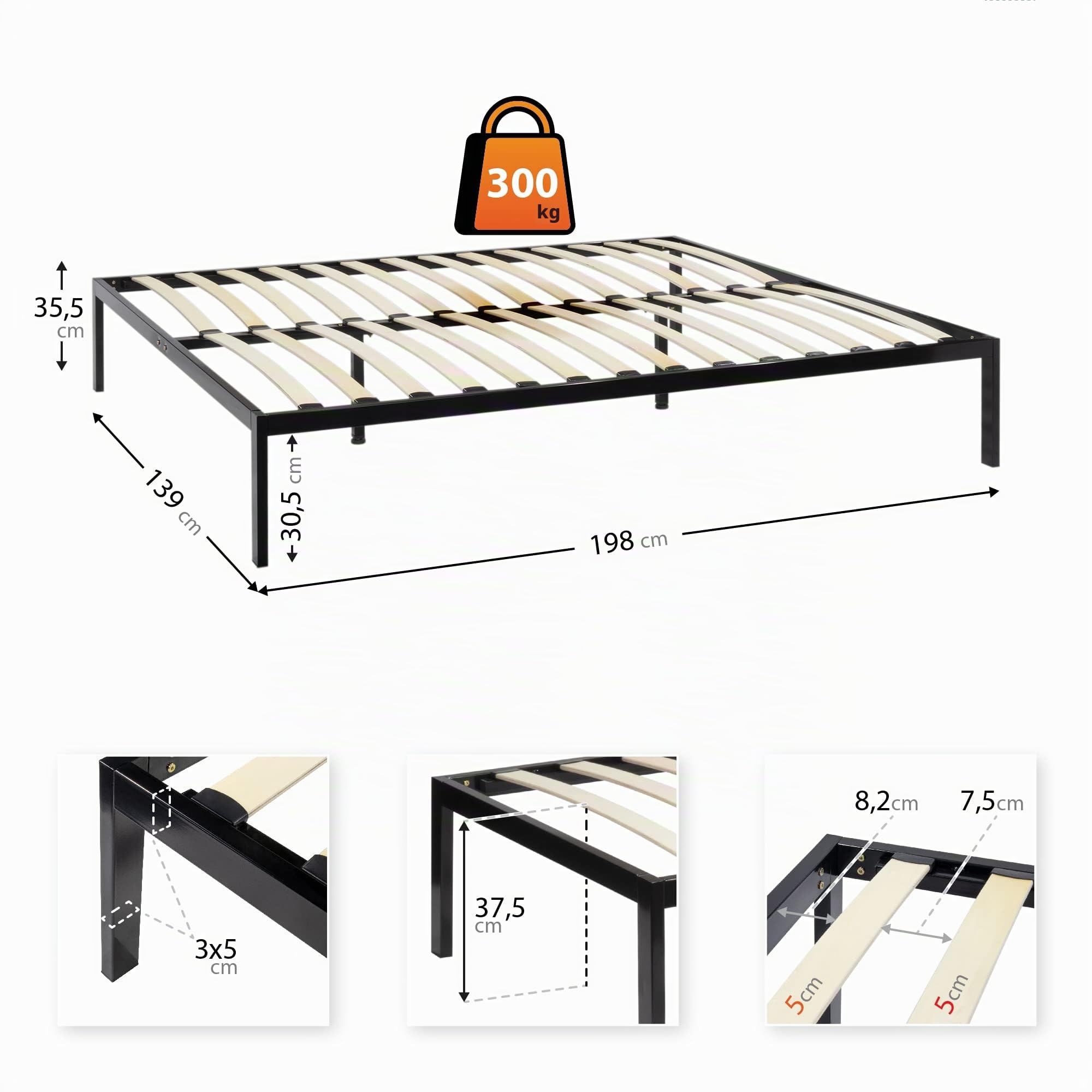 i-flair Metallbett i-Base 140x200 cm, stabiles Bettgestell mit Stauraum, 30,5 cm Höhe, geeignet für Saugroboter