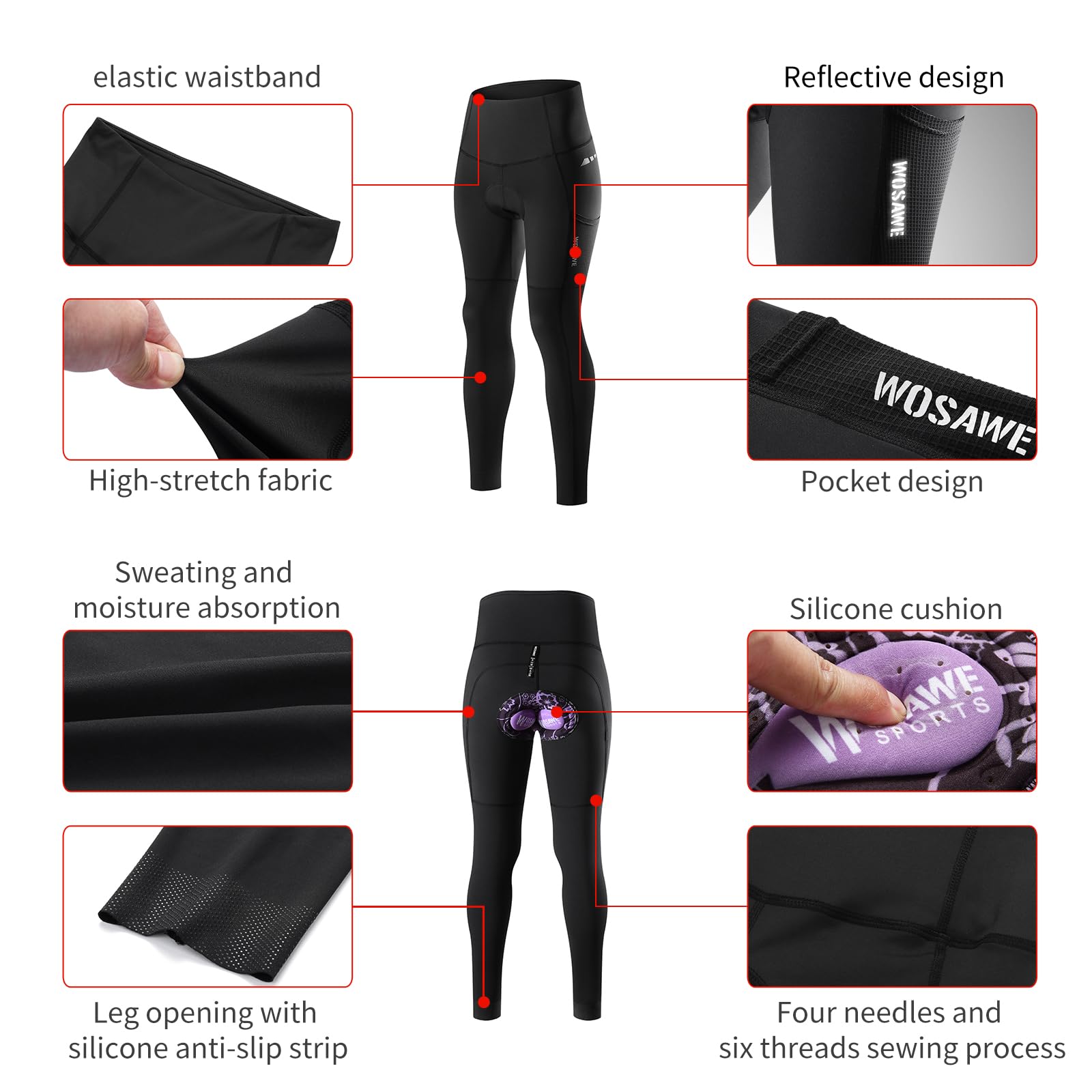 WOSAWE Pantaloni da Ciclismo da Donna Gel Pad Mountain MTB Pantaloni da Bici Ciclismo Lungo Calzamaglia da Ciclismo Pantaloni da Bicicletta da Corsa Anti-Sudore