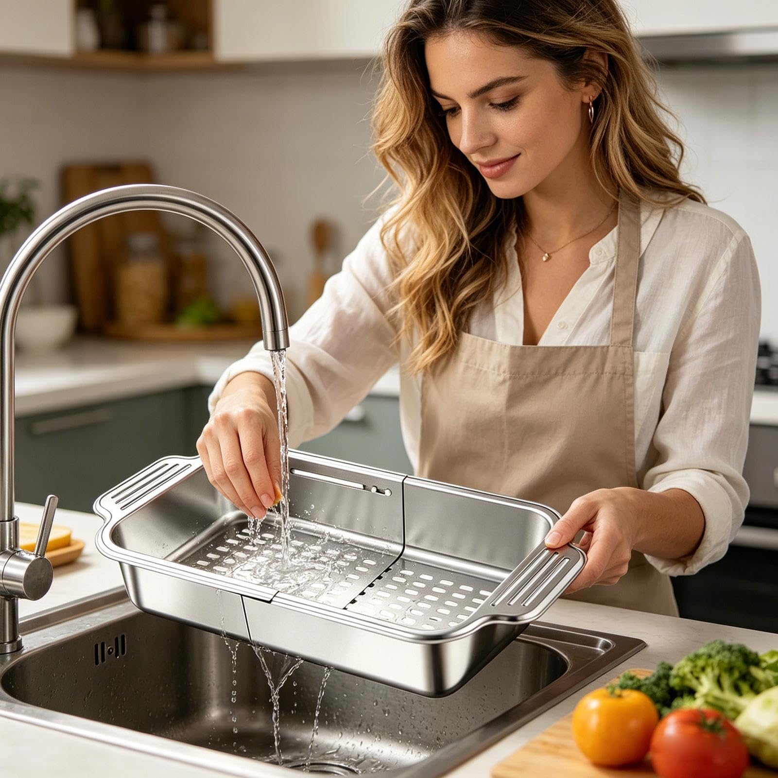 Escurridor Expandible Sobre El Fregadero Escurridor de Lavado Telescópico | Colador De Acero Inoxidable Para Frutas Pasta Utensilios De Cocina Y Batería Cocina Hogar Apartamento Restaurante Encime