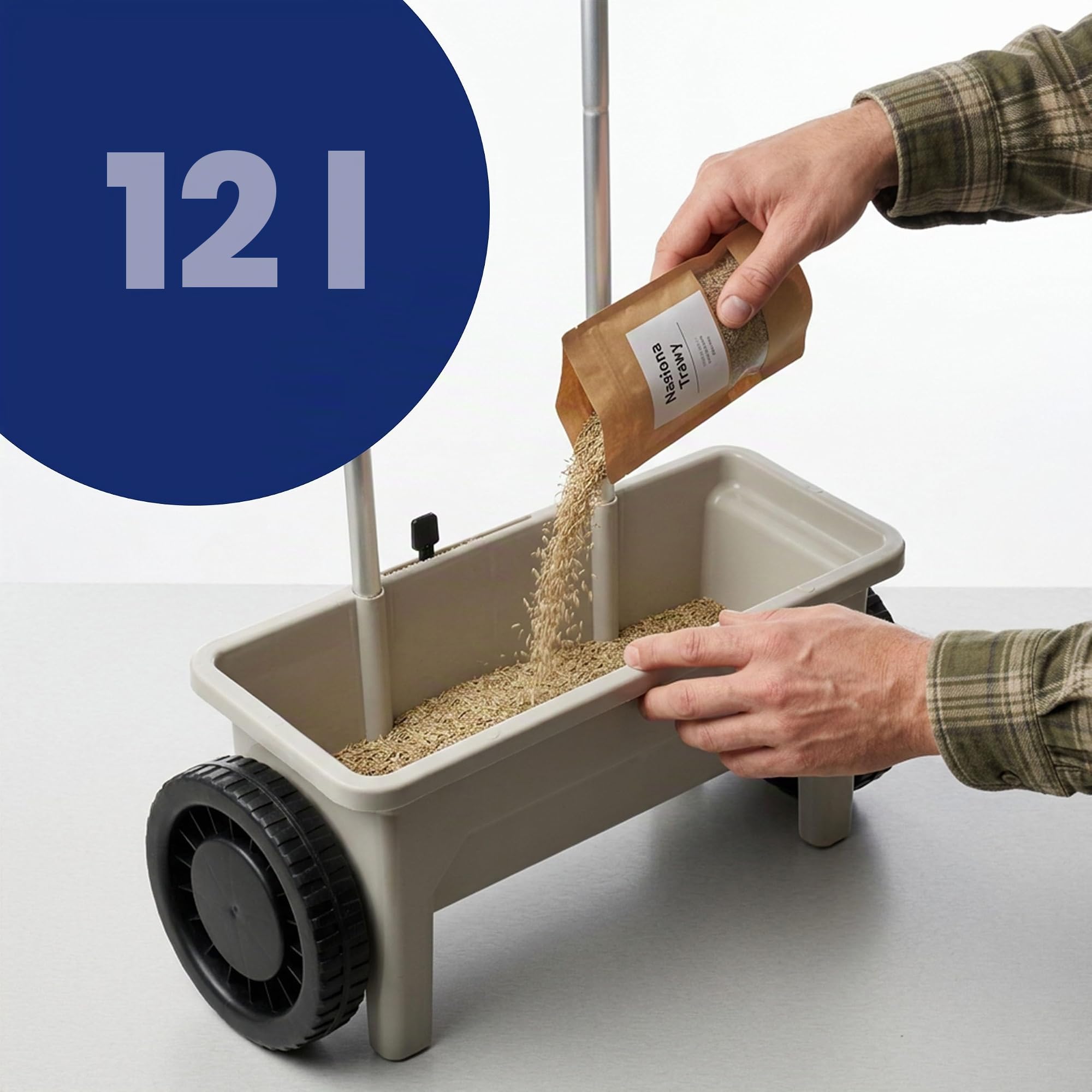 Garden Rasen Sämaschine auf Rädern, Düngewagen streuwagen rasen, Saatgut, Sand, Salz 12L, Streukontrolle, Universal Handstreuer bis zu 5kg Belastungt