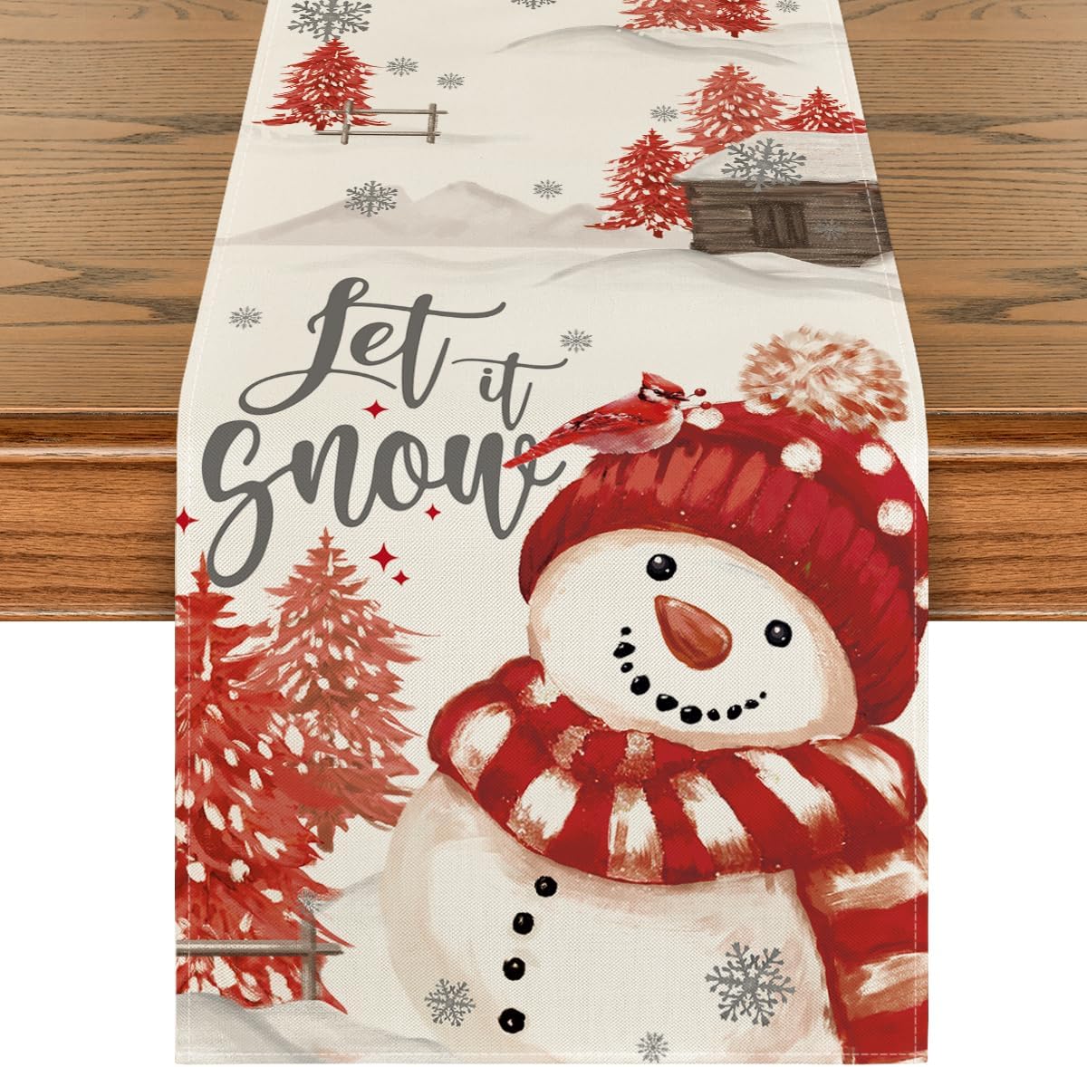 Artoid Mode Xmas Trees Let It Snow Red Snowman Christmas Table Runner, Seasonal Winter Holiday Kitchen Dining Table Decoration for Home Party Decor