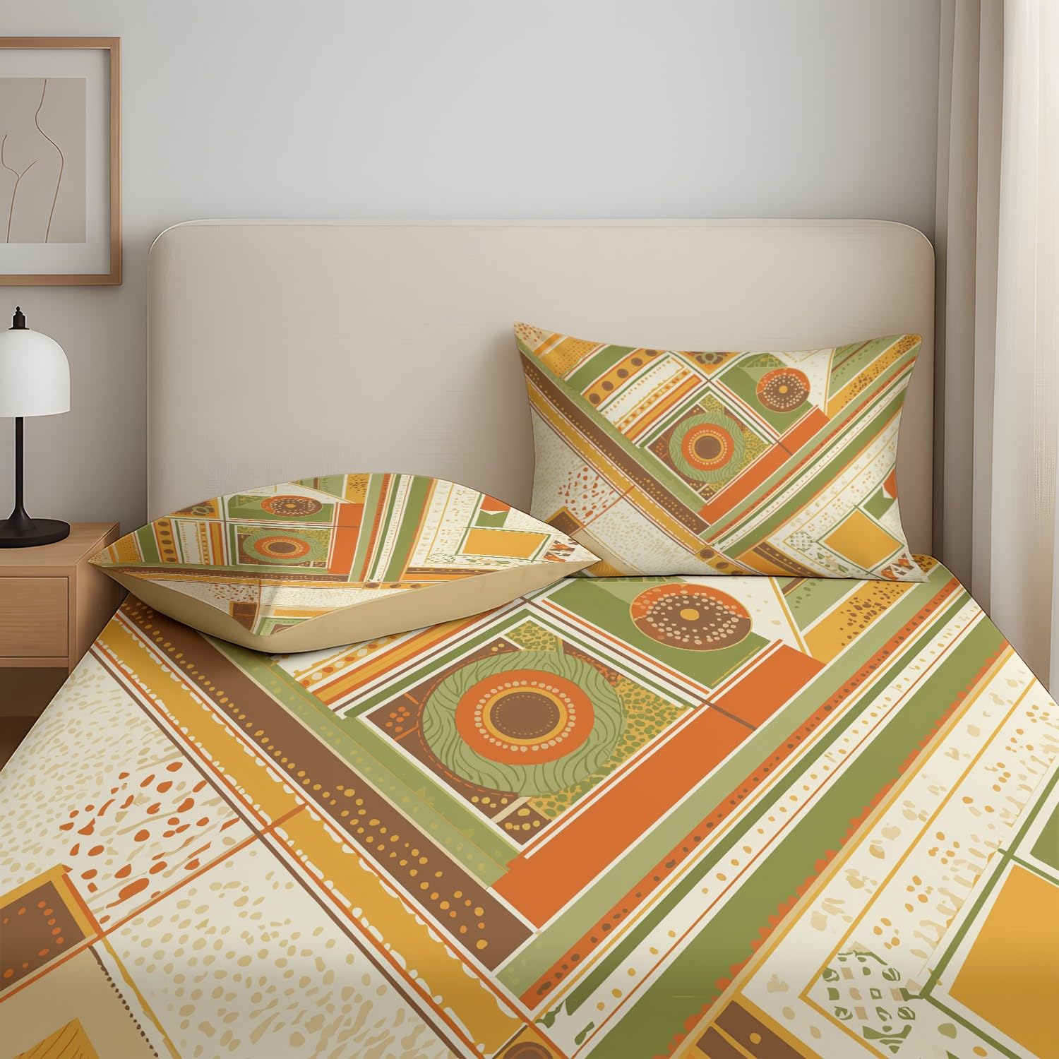 Boho Geometrisch Spannbetttuch Elegant Raute Dreieck Spannbettlaken 140 x 200 x 30 cm 3teilig Mikrofaser Bettwäsche Set mit 2 Kissenbezüge 80 x 80 cm Kein Flachbettlaken