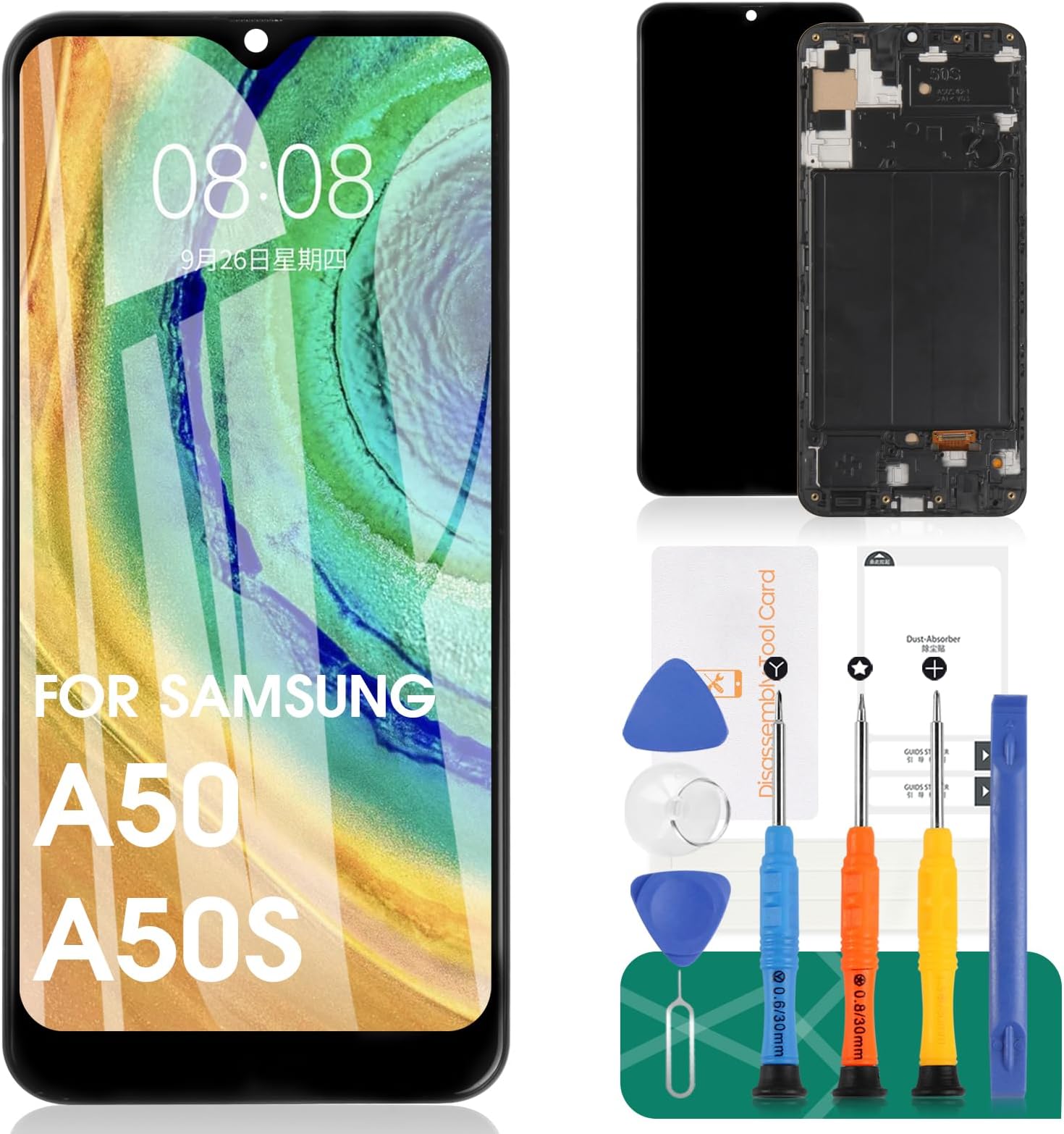 OLED For Samsung A50S Screen Replacement for Samsung Galaxy A50 LCD Display A505F/DS A505G/DS SM-A505 A505FDS Touch A505 A507 Screen SM-A507F, SM-A507FN, SM-A5070 Digitizer Assembly (Black+ Frame)