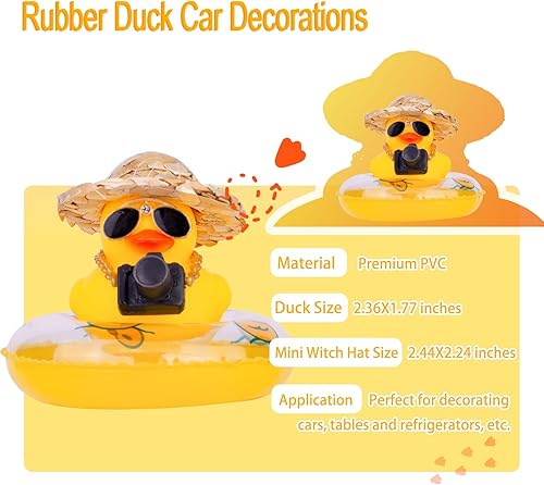 Miniatura 5 de Adornos de pato de goma para automóvil, accesorios de decoración de tablero de automóvil de pato amarillo con mini sombrero de paja, collar de