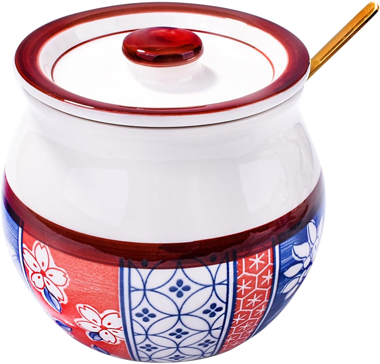 Porcelain Sugar Bowl with Lid and Spoon, 15.2oz Ceramic Salt Container