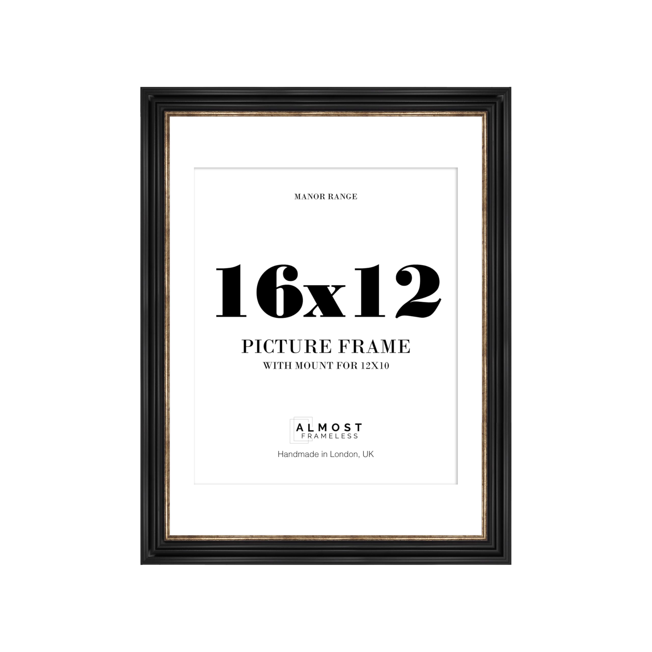 16x12 Black and Gold Picture Frame - 16x12 Frame with 12x10 Mount for 16x12/12x10 Pictures Classic Style Decorative Wall Display Frame, 1 Pack