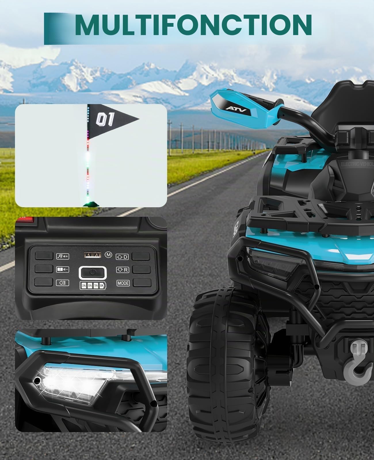 Voiture Électrique pour Enfants 12V, Quad Électrique Enfants, Batterie Rechargeable, LED Et Musique, Port USB, Connexion sans Fil, Vitesse 3km/h, 3-8 Ans, Bleu Turquoise