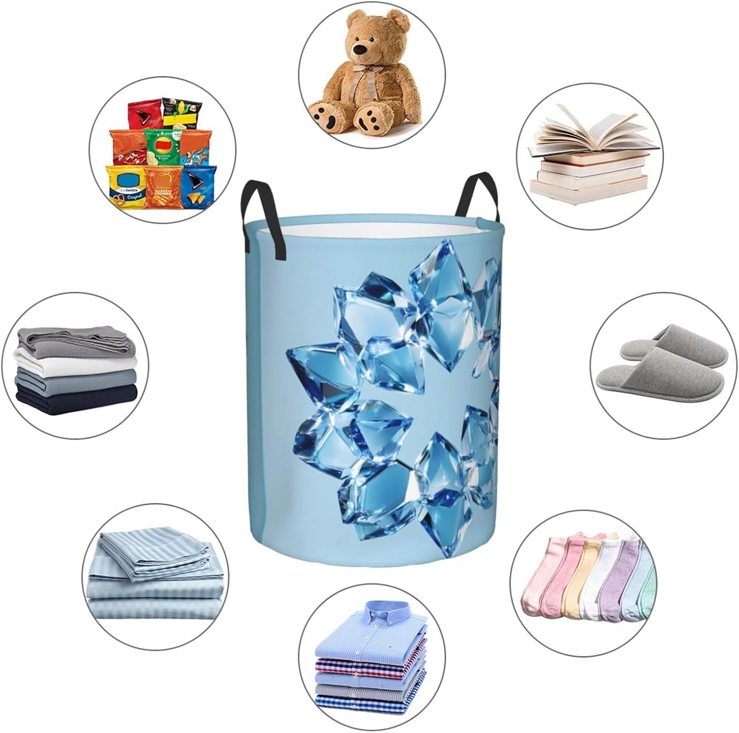 Blue Gemstone Round Single-layer Laundry Basket, Portable Storage Laundry Basket, Bedroom Clothes Storage Basket with Handle