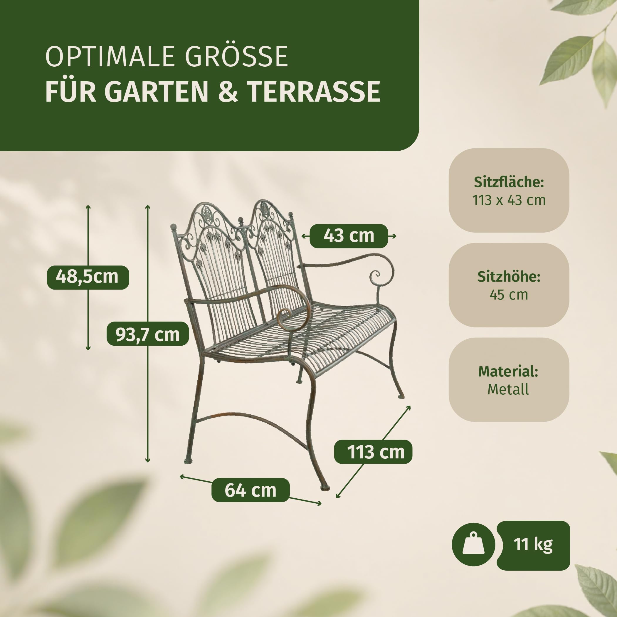 Moritz Ławka ogrodowa 113 cm, metalowa, antyczna zieleń – 2-osobowa ławka do siedzenia z filigranowymi zdobieniami liliowymi w stylu shabby chic – odporna na warunki atmosferyczne, do ogrodu, na taras