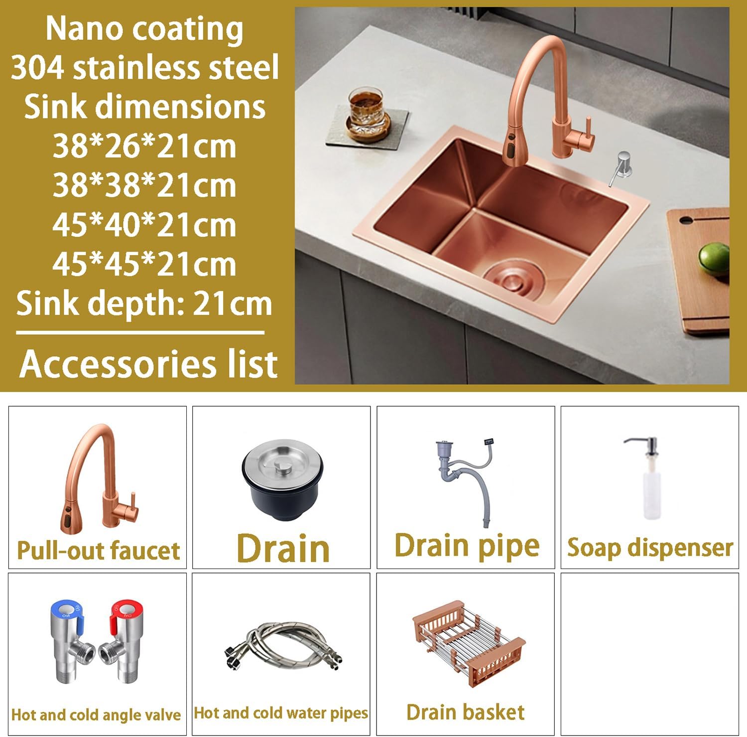 14.9-17In Bar Sink Drop in Handmade Stainless Steel Small Kitchen Sink 1Single Bowl Square Wet Bar Deep Bar/Prep Basin with Pull-Out Faucet And Installation Accessories,Gold,45 * 40 * 21cm