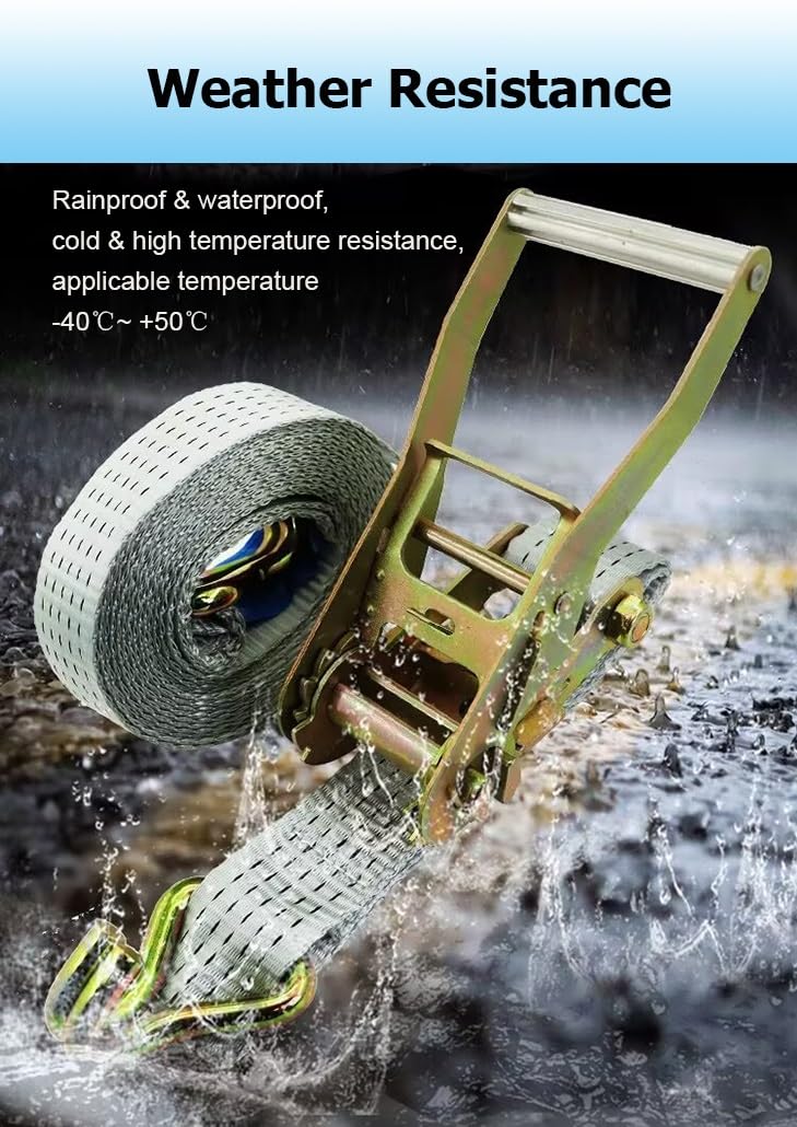 Paquete de 2 Correas de Amarre de Carga Resistentes de Color Gris, de 5 cm de Ancho y con Gancho Doble en J, con trinquete y Capacidad de Carga de hasta 5000 kg.(8.0m/26.2Ft)