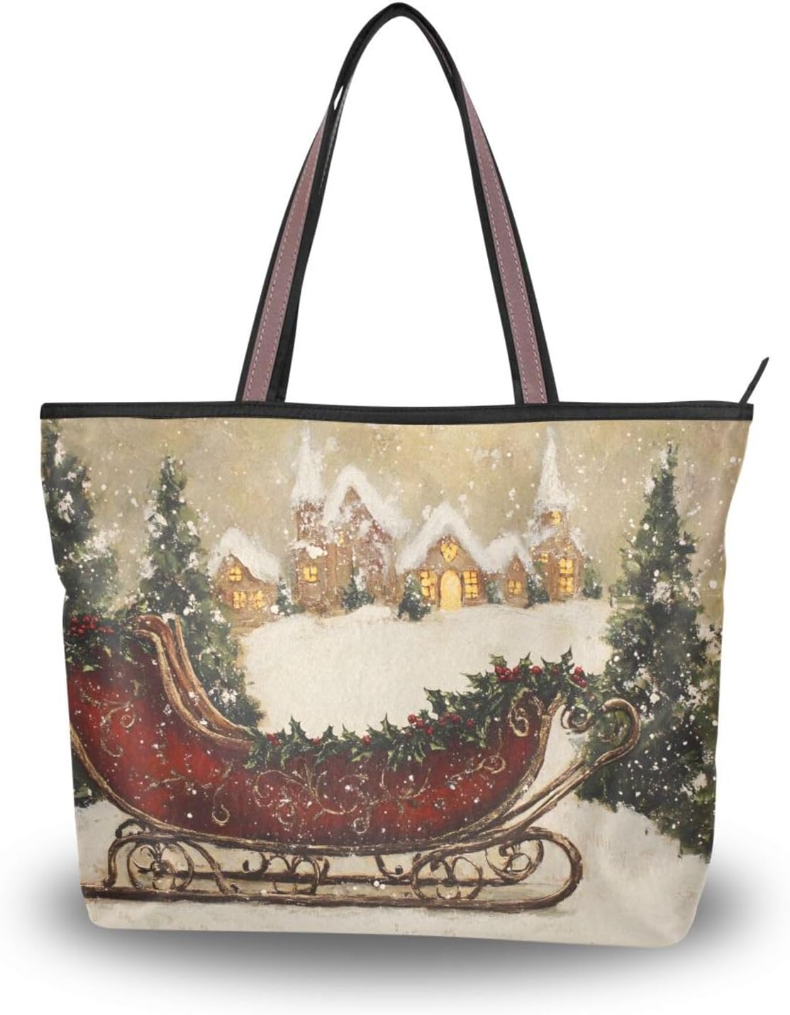 Sleigh Christmas Women Tote Bag Purse Reusable Grocery Handbag Bags with Zipper Large