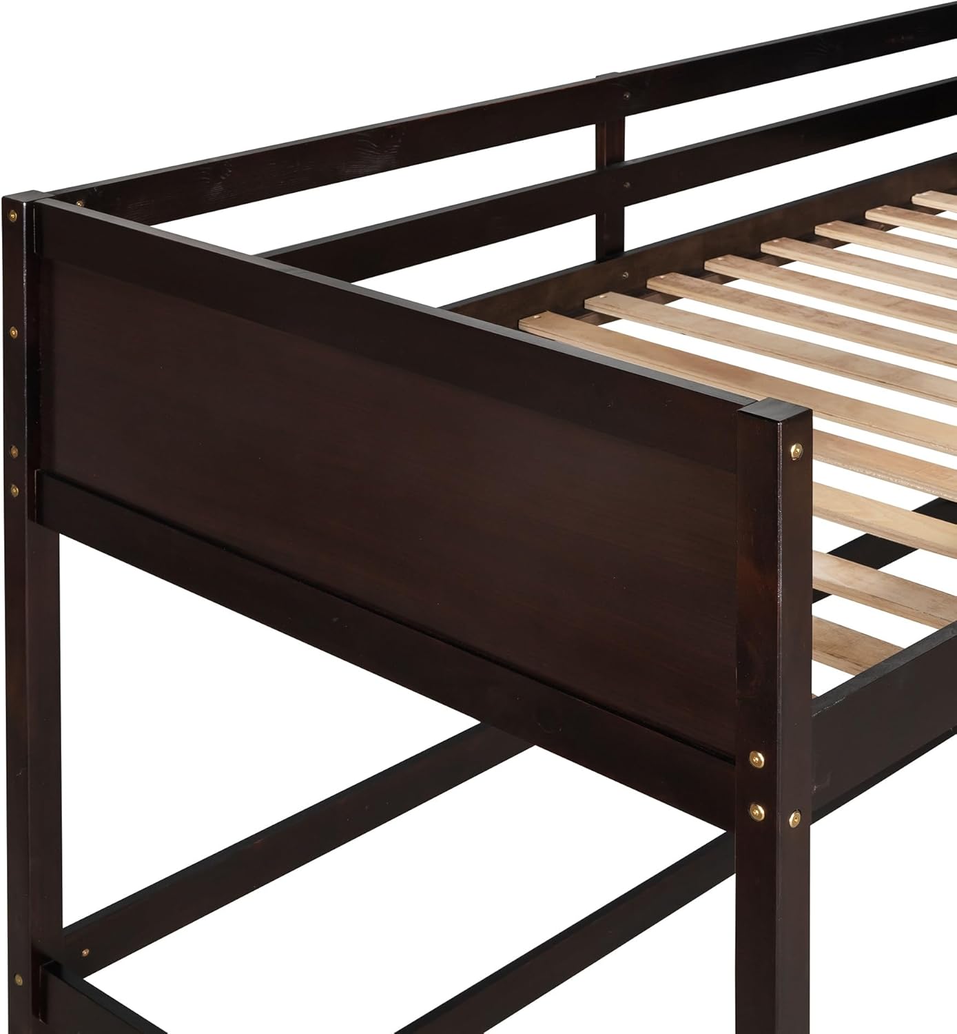 Close-up view of the loft bed frame and wooden slats