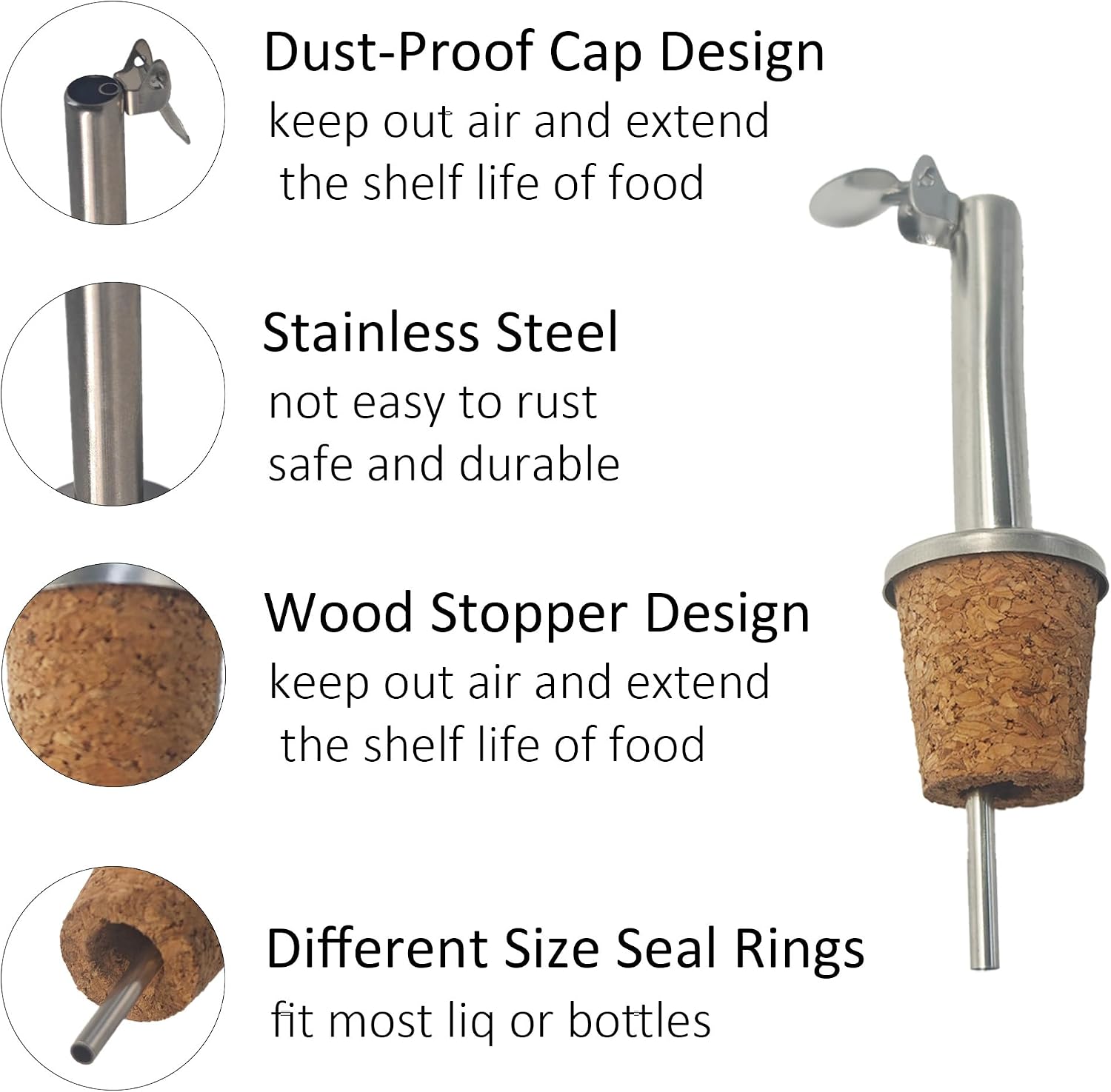 pson 5Pcs Stainless Steel Bottle Pourers, Hinged Flip Spout with Cork Design for Pouring Olive Oil, Vinegar, Syrup, Liquor, and Wine(Curved head)