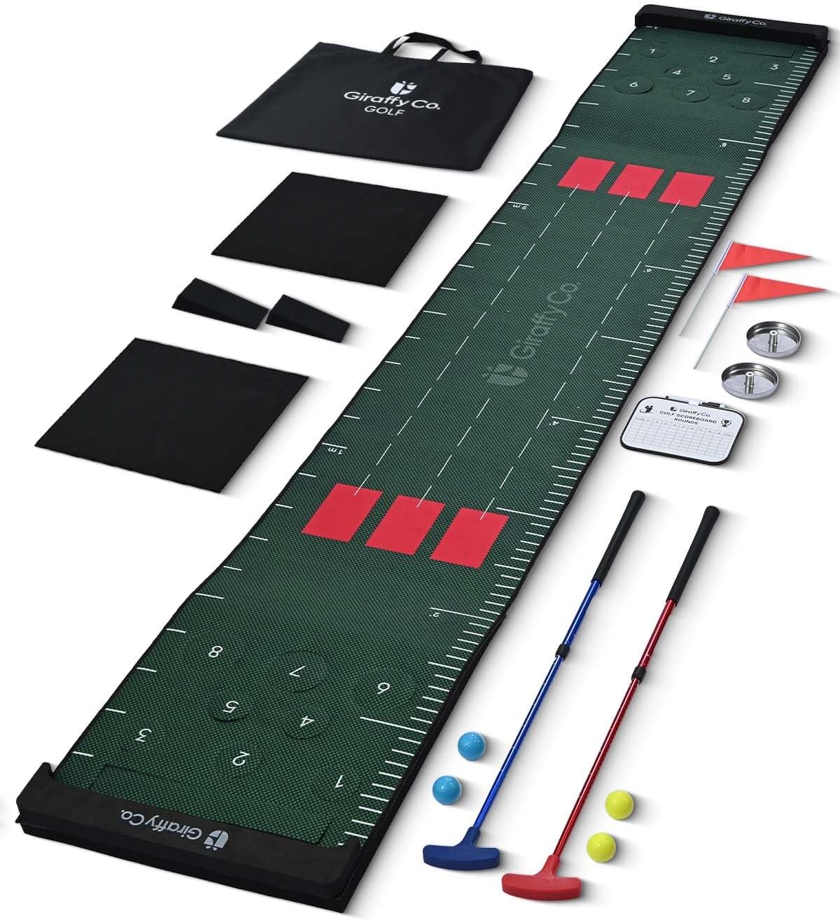 – GIRAFFYCO Golf Putting Mat Set for Indoor Practice, Putting Green Indoor with 2 Putters, 4 Balls, Flags, Scoreboard, Slope Wedges & Carry Bag, Golf Training Aid for Home | Office | Backyard