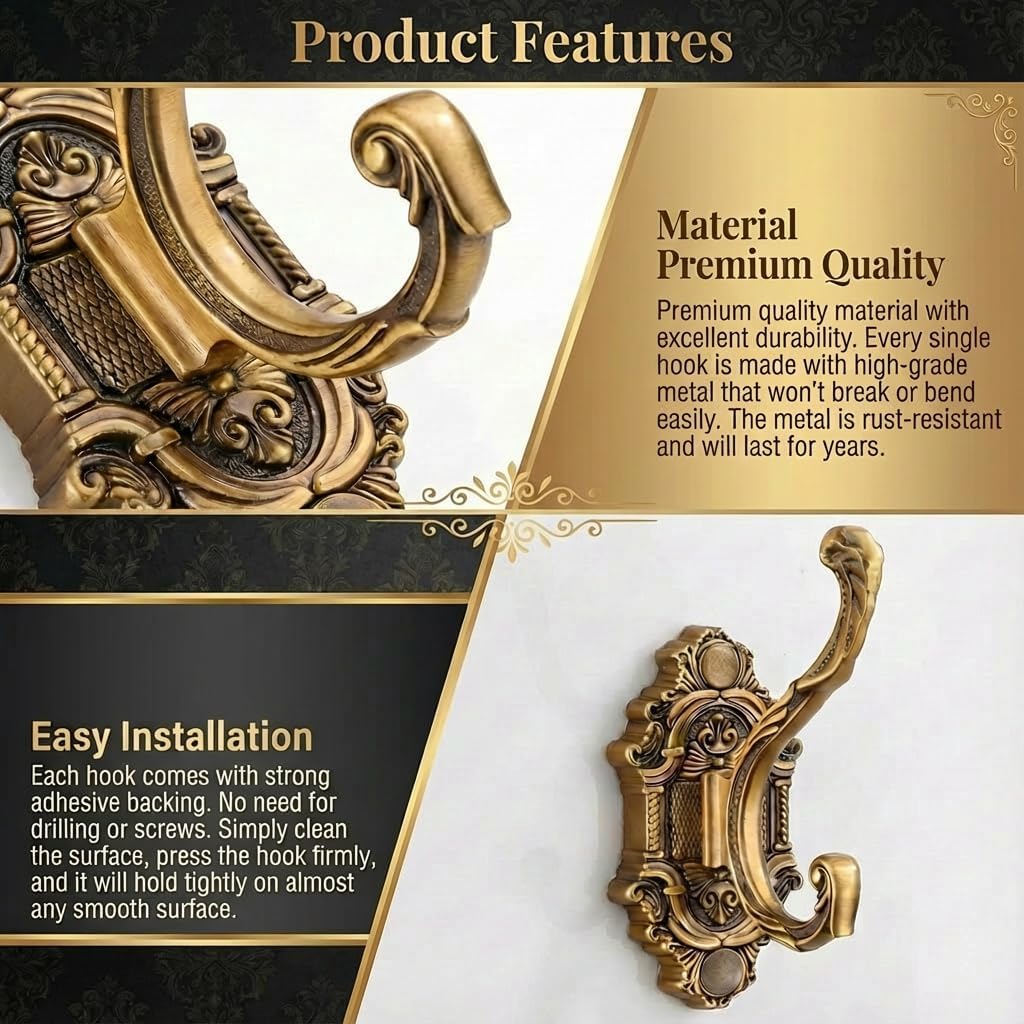 Antique Gold Vintage Coat Hooks，Heavy Duty Wall Mounted，Vintage Hooks for Wall，Towels, Keys & Purse – Rust Resistant & Easy Installation Kit Included (6, Antique Gold)