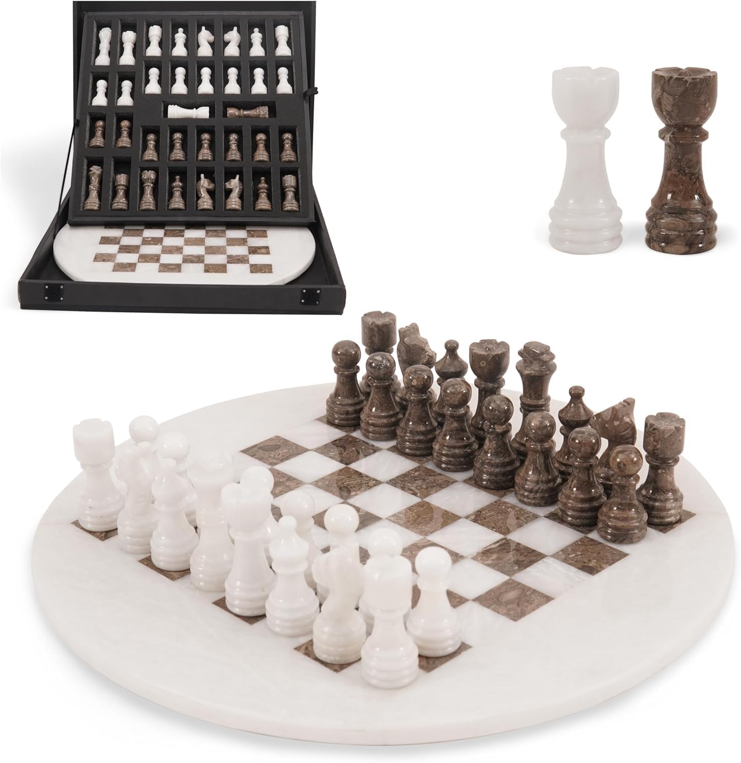 Marble Chess Set for Adults with Complementary Storage Box, 15" White & Oceanic Handmade Chess Board Game, Luxury Board Games for Adults with Extra Queens
