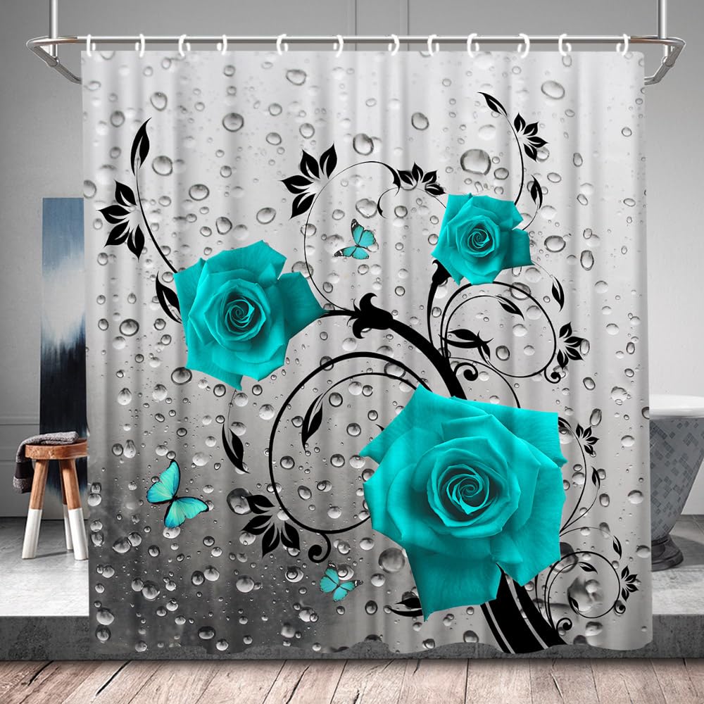 QWRSMYX Turquoise Rose Flower Shower Curtain Rustic Plant Romantic Blue Green Flowers Butterfly Gray Modern Realistic Water Drop Creative Abstract
