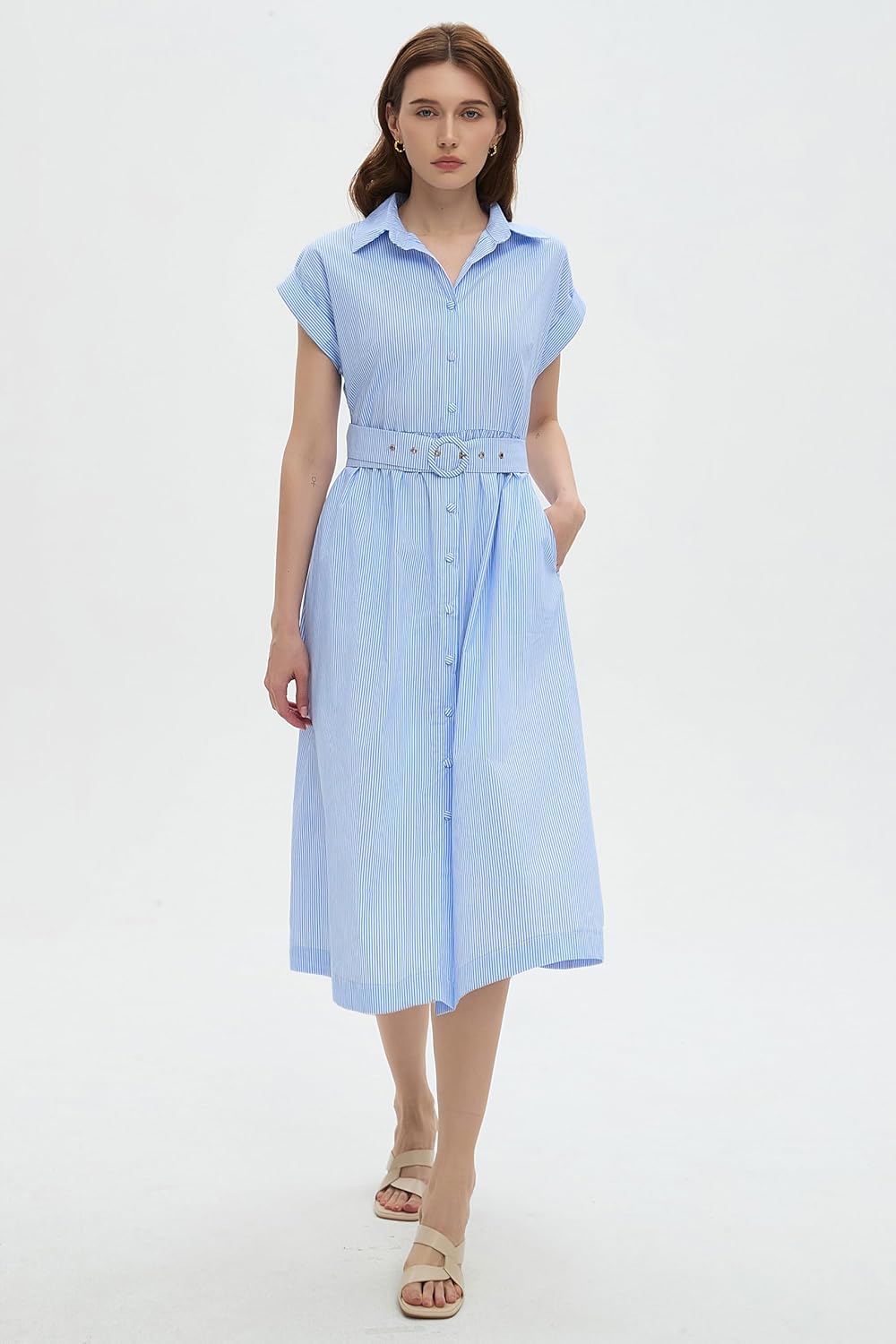 Womens Midi Shirt Dress Striped Casual Short Sleeve Button Down Lapel V Neck A Line Belted Long Dresses - Image 3