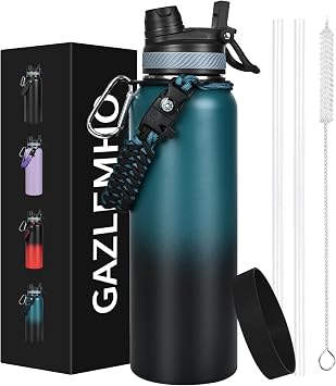 GAZLEMHO 40 oz Insulated Water Bottle with Straw& Spout 2-in-1 Lid, Triple Wall Vacuum Stainless Steel Cold 48H, Leak Proof Sports Metal Flask Jug with Paracord Handle, Indigo Black