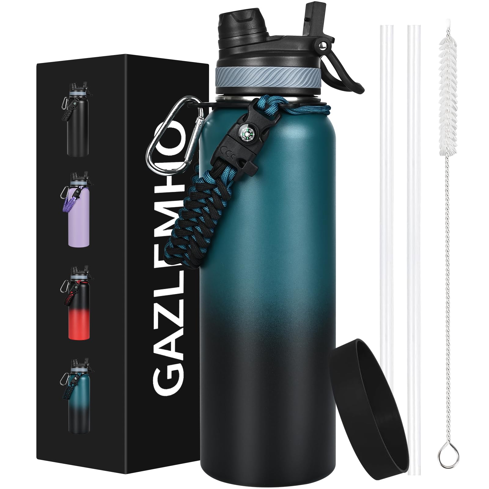 GAZLEMHO Izolowana butelka na wodę o pojemności 1200 ml, ze słomką i wylewką, pokrywka 2 w 1, potrójna ścianka próżniowa ze stali nierdzewnej, na zimno 48H, szczelna, metalowa butelka sportowa w