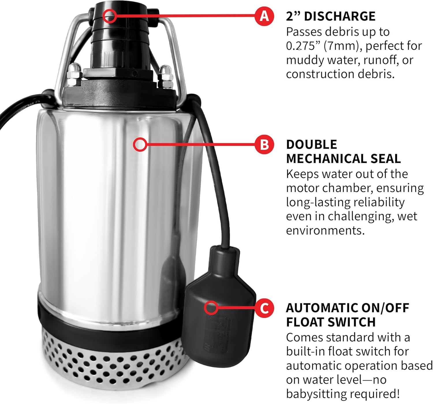 Tomahawk 1 HP Submersible Trash Pump 73 GPM / 4380 GPH 750W with Automatic Float Switch Top-Outlet Stainless Steel Dirty Water High Flow Dewatering Flooded Basement Pits Pools Construction Sites