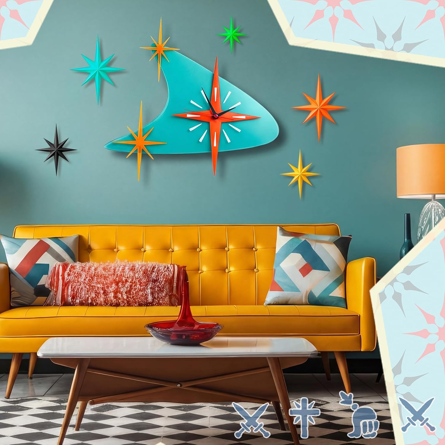 Thyle 25 inch Mid Century Modern Wall Clock Decor with 5 Pcs Retro 3D Star Art Wall Sculpture Starburst Clock art Vintage Home Decor Accent for Living Room Bedroom Office(Retro)