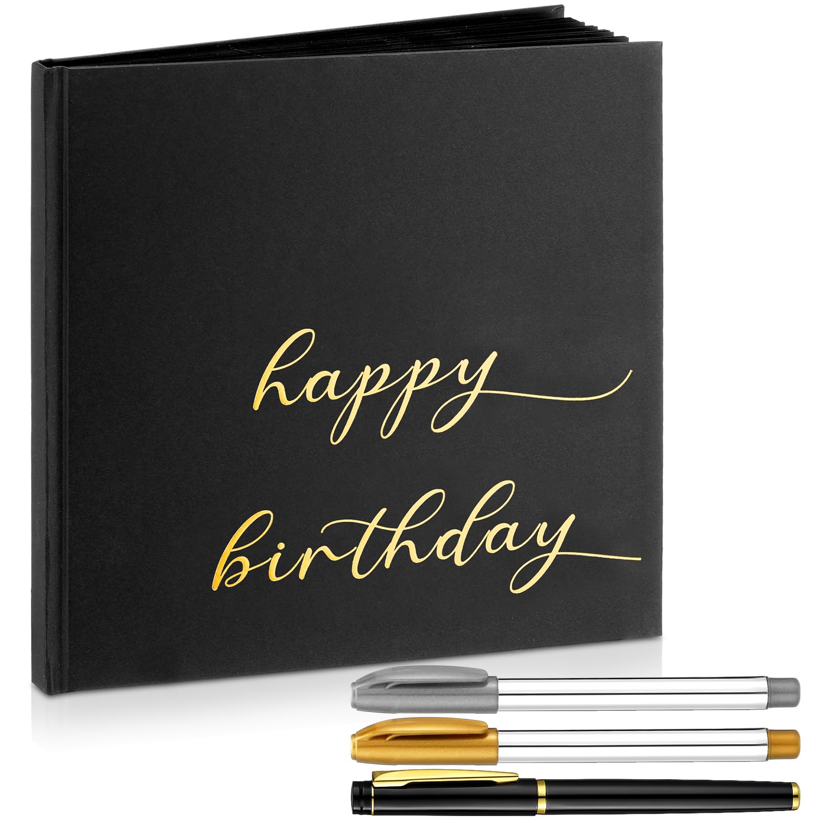 Engrowtic Álbum de recortes de cumpleaños negro para 16, 18, 50, 60, libro de visitas de feliz cumpleaños, 7.87 x 7.87 pulgadas, álbum de fotos con bolígrafos de gel dorados, plateados y negros, 72
