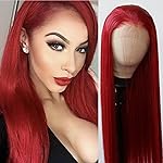 BTWTRY Red Synthetic Lace Front Wig Long Straight Dark Red Lace Front Synthetic Wig Pre Plucked Natural Hairline Glueless Heat Resistant Fiber Hair Wig for Fashion Women (Red)
