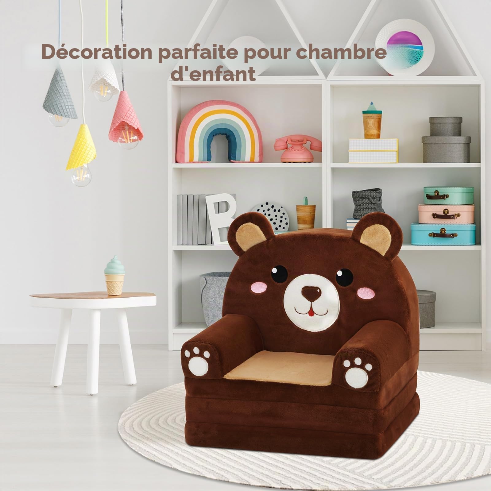 decalsweet Canapé pour Enfants Canapé-Lit Convertible 2 en 1, Peluche Pliable Fauteuil Soft avec Fermeture Éclair, Chauffeuse Enfant Stable pour Chambre d'enfant, Petit Canapé Bebe Ours