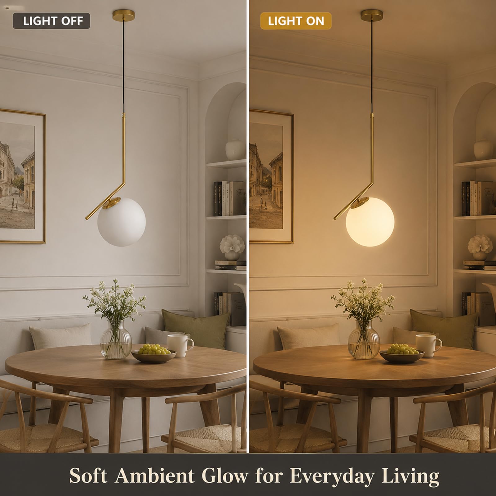 Lampada a sospensione moderna a sfera in vetro bianco, lampada da soffitto in metallo ottone, Lampadario da cucina per soggiorno e sala da pranzo (1-luce)