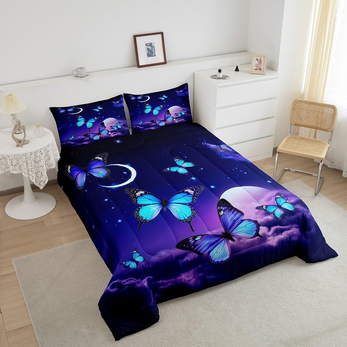 Blue Butterfly Girls Comforter Set Queen Size Blue Purple Starry Sky Galaxy Print Bedding Set for Kids Girls Teens Romantic Bedroom Decor Quilt,Flying Butterflies Rustic Garden Theme Duvet Insert