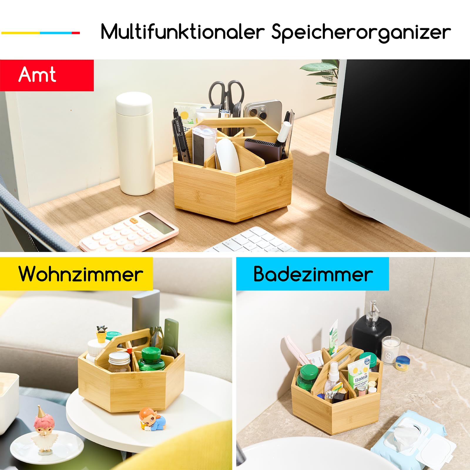 MEEDEN Bambus Schreibtisch Organizer 360° Drehbar：Stifte Organizer Stiftehalter für Marker/Buntstifte/Bleistifte mit Griff, Große Desk Organizer für Zuhause Büro Schule