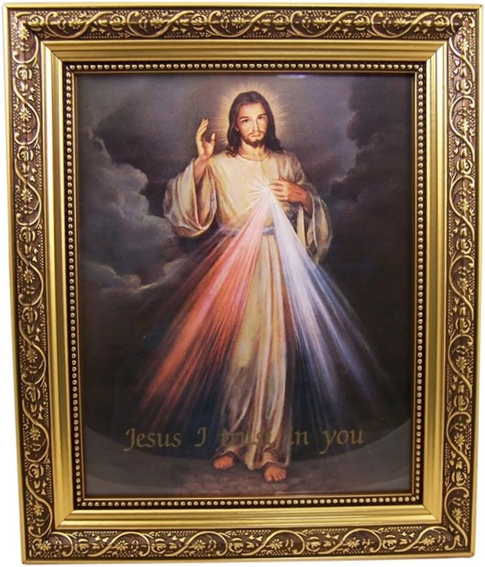 The Divine Mercy Jesus Christ Print in 13 Inch Gold Finish Frame for Bedroom