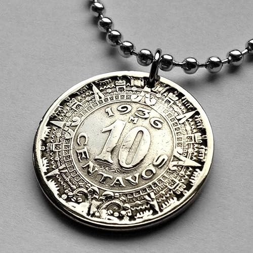 Miniatura 2 de 1936 Mexico 10 Centavos coin pendant necklace Aztec Sun Stone calendar Piedra Sol Zócalo Tonatiuh deity Xiuhphualli San Angel Tonalpohualli Tijuana