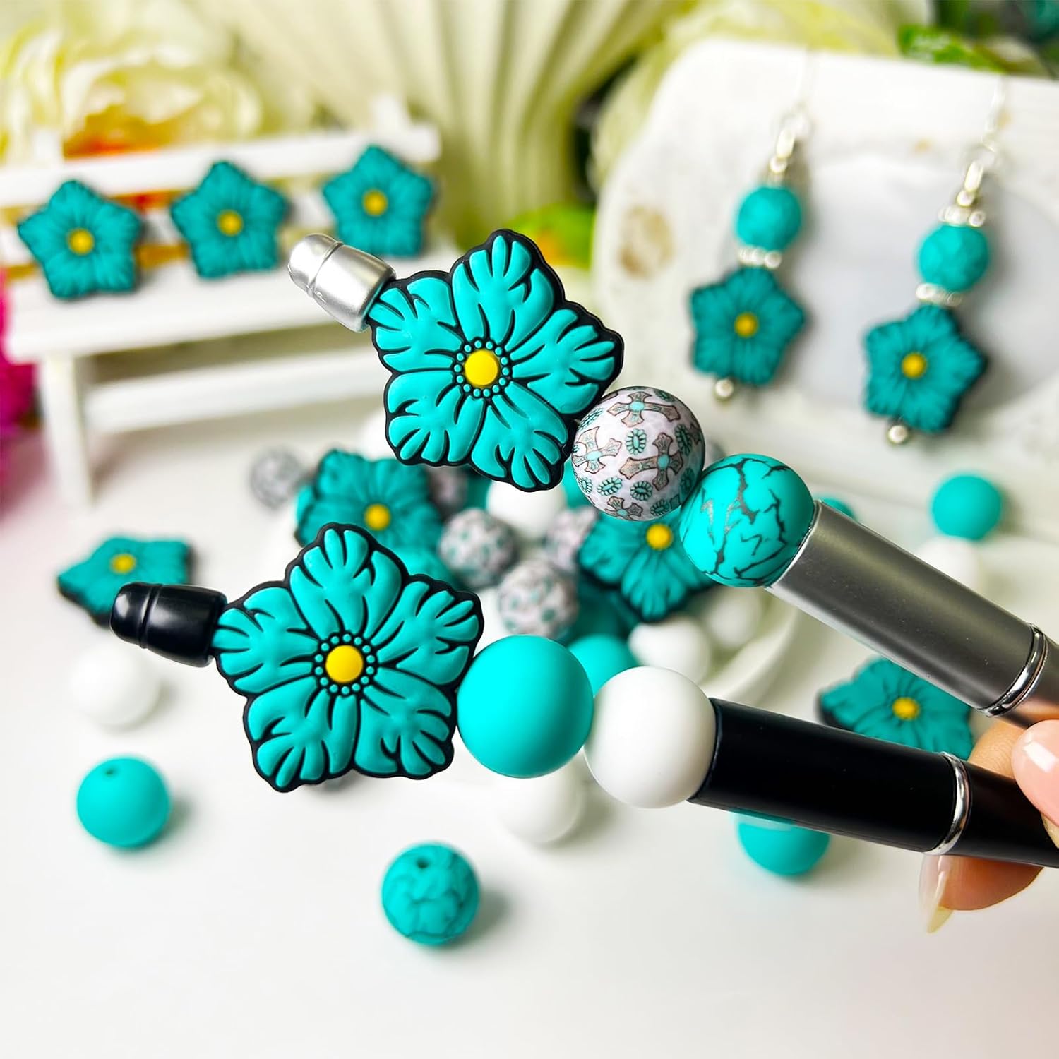 55Pcs Vintage Turquoise Green Flower Silicone Focal Beads - 15mm Printed Round Beads for DIY Keychains, Beaded Pens, Pendant Charms, Home Decor, Bracelets, and Other Jewelry - Image 4